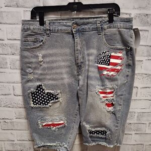 Distressed Blue and Red Jean Shorts with Americana Flair